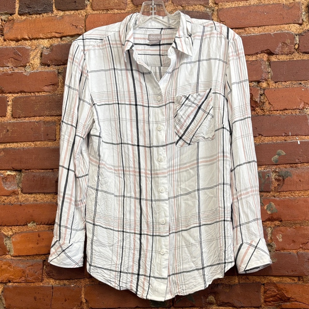 Chicos Rayon White/Pink/Grey Plaid Button Down Flannel Top Size 1 (8/10) - Picture 1 of 6
